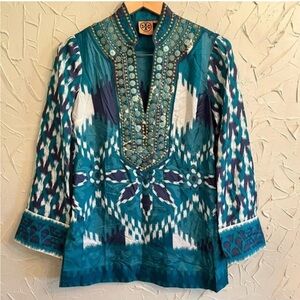 Tory Burch Teal and Navy Embroidered Tunic